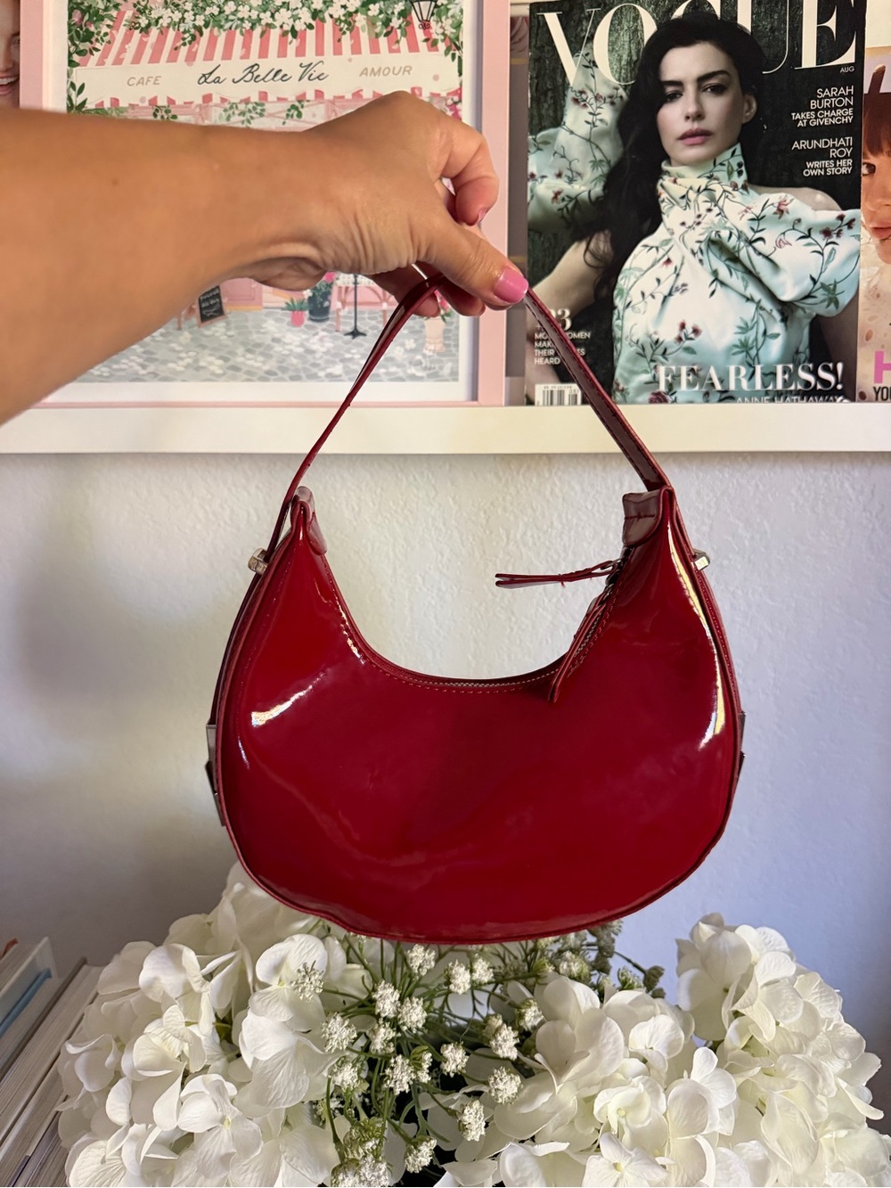 Patent Red Crescent Shoulder Bag - Women
